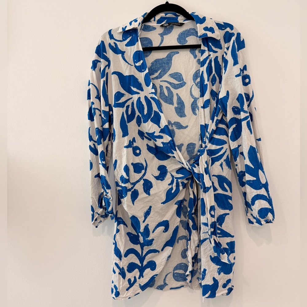 Zara Blue and White Printed Wrap Linen Dress
